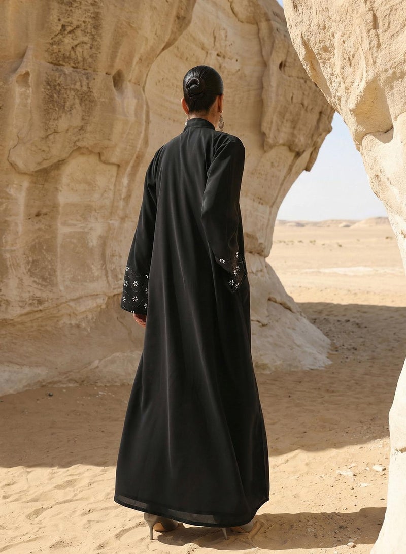 ISHIN Black Floral Laser Cut Abaya with Hijab - Image 3